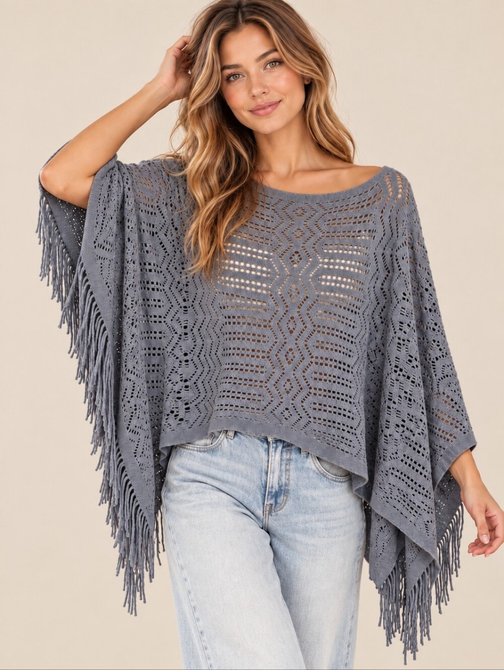 Gray Open Knit Fringe Poncho Sweater Boho Crochet 100% Rayon NWOT